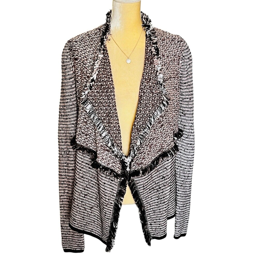 White House Black Market Double Fringe Sweater Jacket Sz M Cardigan Peach Black